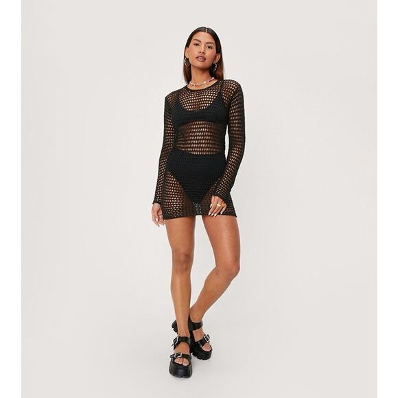 NWT Nasty Gal Collection Crochet Black Mini Dress Open Back Coverup | 0 - Picture 1 of 6